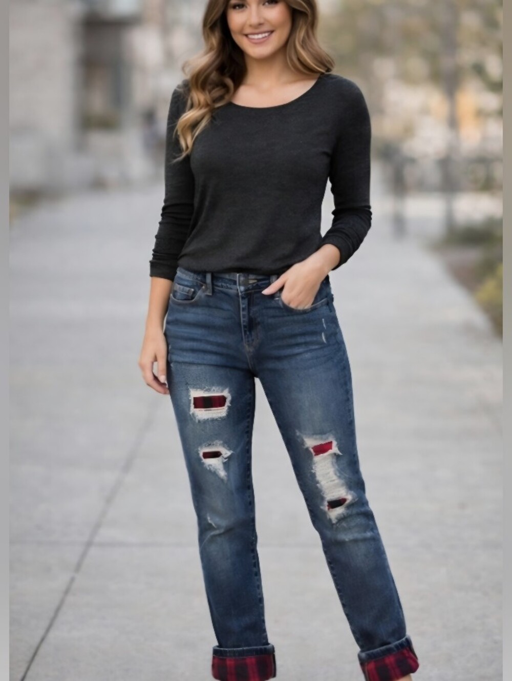 Judy Blue Skinny Jeans 15/32  Distressed Plaid Cuff Stretch Denim Jeans